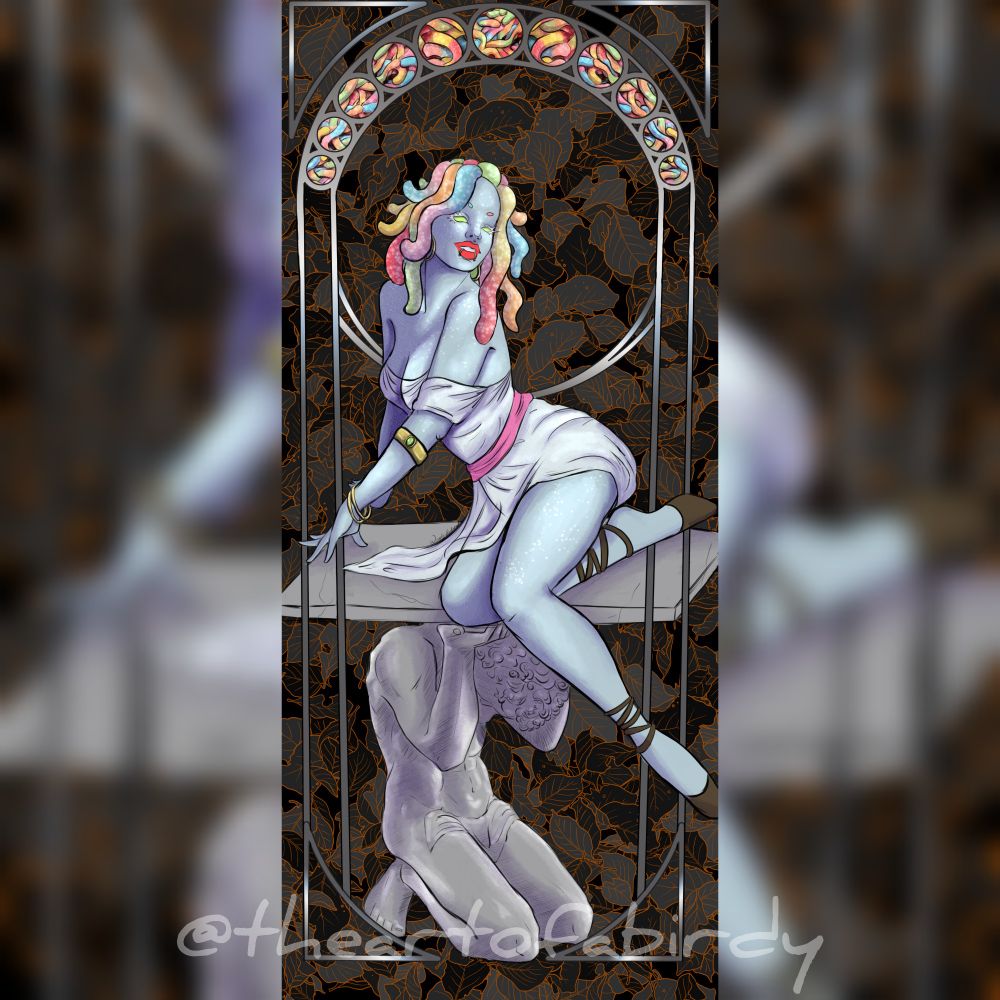 Digital illustration by Wendy Richmond aka the art of a birdy of Medusa sitting on a stone pedestal that looks like a crouching man holding a stone slab Medusa has blue skin with white freckles brown sandals and a white dress. She has gummy worms for hair solid green eyes and "Medusa" piercings in her lips. Behind her is a silver frame with gummy worms in it. The background is grey and black leaves with an orange border around each leaf 