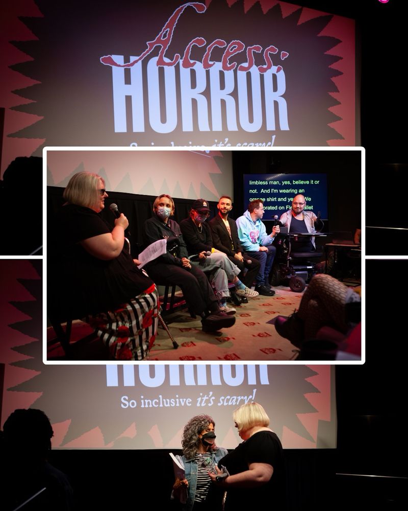 A center image of Ariel Baska speaking into a microphone alongside five other people lined up in front of a film projector screen. One of the men in line is limbless and in a wheelchair, with a live captioning screen behind him showing a transcript of what is being talked about. The image is outlined in a white border that intersects with the above and below background images showing the Access:Horror spiky logo onscreen with Ariel talking to a woman with curly gray hair and wearing a mask in front of it.