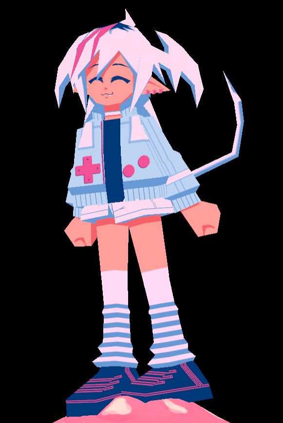 3D render of Toy, my vtuber character, smiling and standing on a mushroom