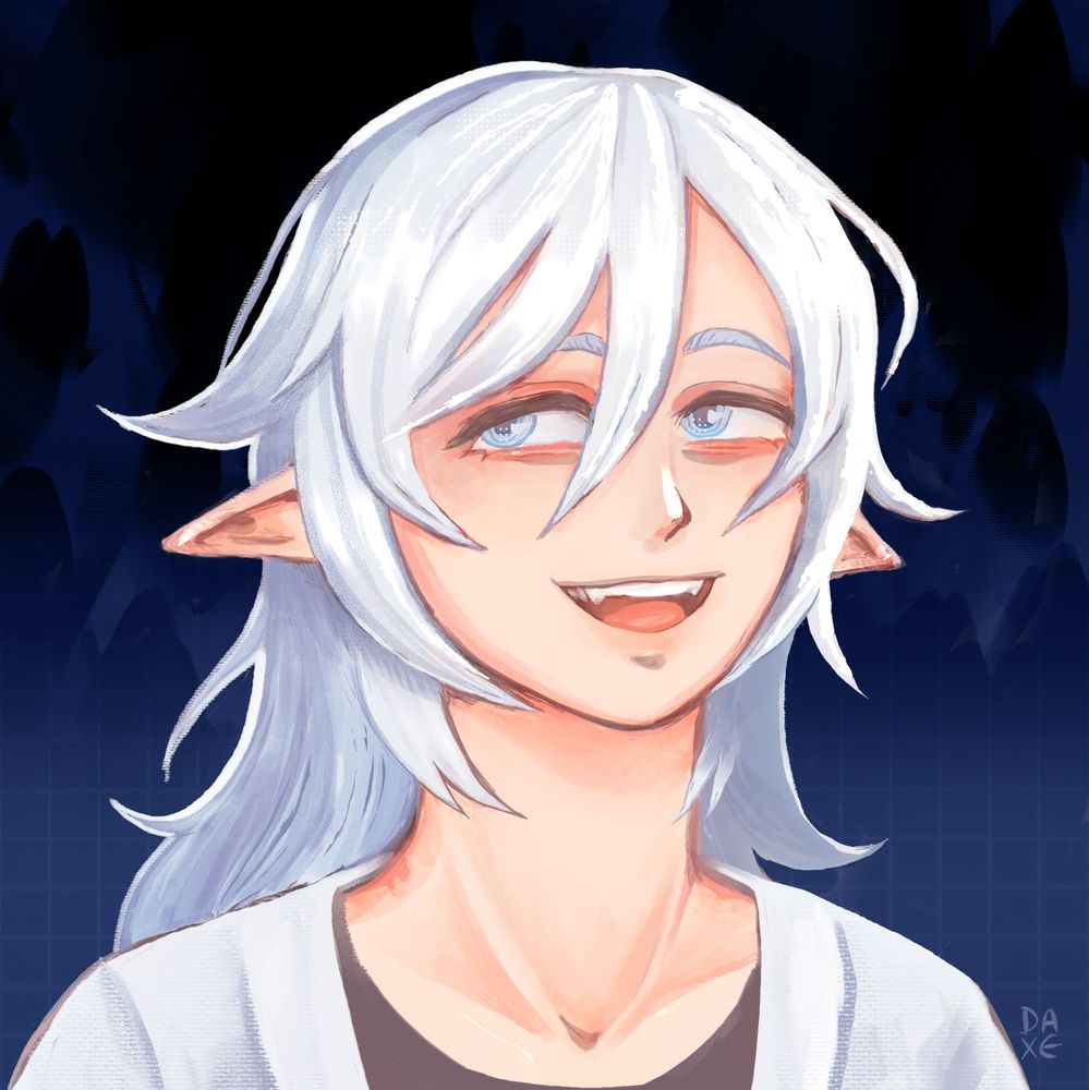 portrait of Cadence smiling and looking up + to the right against a dark blue background
