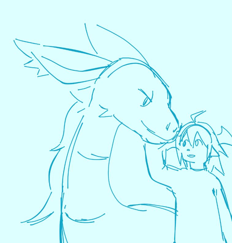 sketch of my dragon fursona lookin at my character/vtuber Toy while being pet. the dragon is much larger than Toy