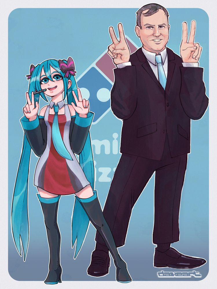 Full body illustration of pop sensation Hatsune Miku and Scott Oelkers, (former) CEO of Dominos Pizza Japan posing together with peace signs against a blue background with the dominos logo. Cultural reference to the commercial for the dominos x miku collab app that went viral the 2000s (search "miku dominos" on youtube)