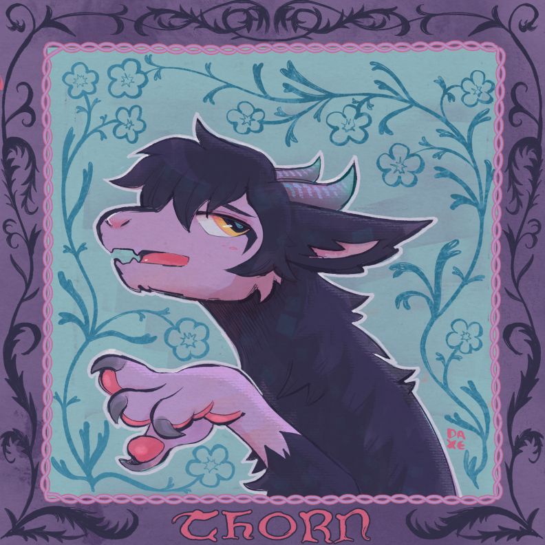 illustrated portrait of my dragonsona, Thorn, bordered by floral designs inspired by medieval illuminated manuscripts
