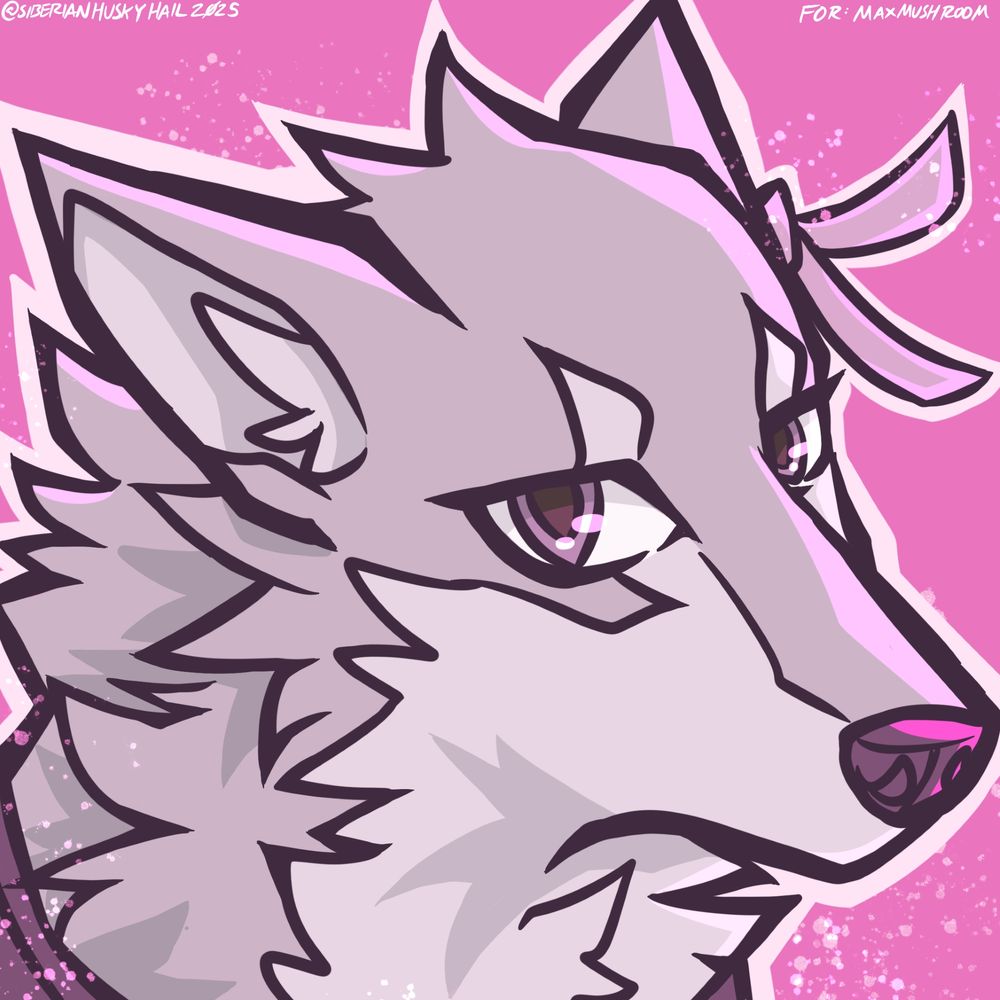 A wolf fursona with gray and white fur, and brown-ish eyes. She has a little pink ribbon on her right ear, and is surrounded by pink light and a pink background. 