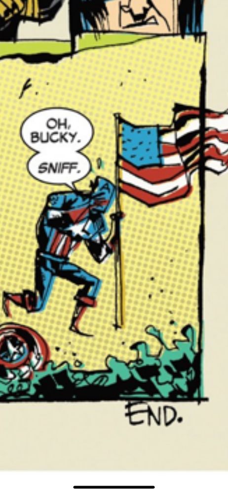 Captain America crying over his lost sidekick, saying: “Oh Bucky. SNIFF.”