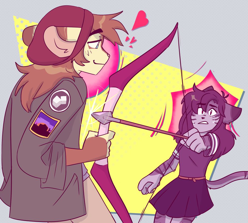 a picture of c.j, a jerboa, holding a bow. opposite to dahlia, a cat, holding the arrow, aimed directly at c.j's chest. c.j's expression is oblivious and lovesick, while dahlia is very clearly distraught at their positions. a reference to marina abramovic's piece 'rest energy'