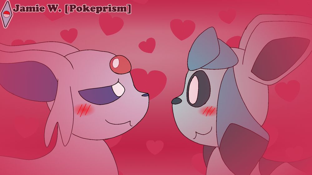 Two pokemon, an espeon and a glaceon, looking into each other's eyes as they both blush in the foreground with a heart filled background behind them.