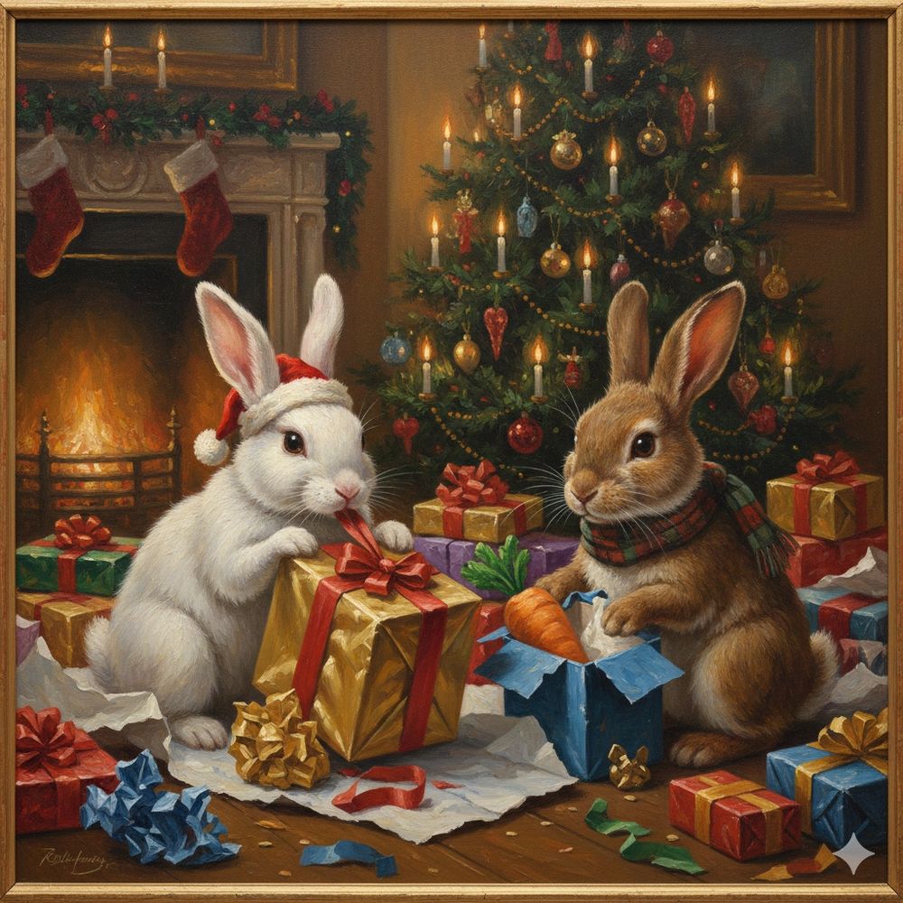 AI generated picture of 2 rabbits opening Christmas gifts in front of a Christmas tree with a fireplace in the background in the style of an oil painting 