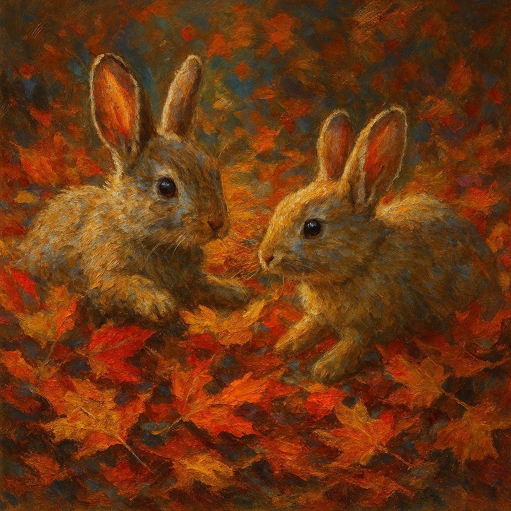 AI generated image of two rabbits playing in orange fall leaves done in the style of an oil painting 