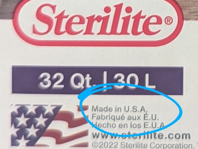 Closeup of the Sterilite bin label, which says "Made in USA"