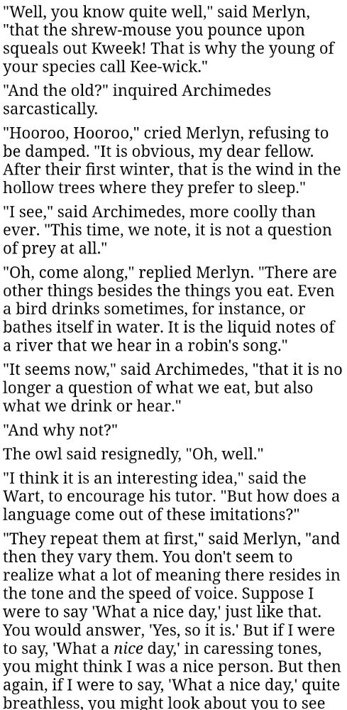 Page from "the once and future king" by th white where characters are discussing the basis of bird song, and whether it arrives from imitation, when it constitutes communication, and when it's art