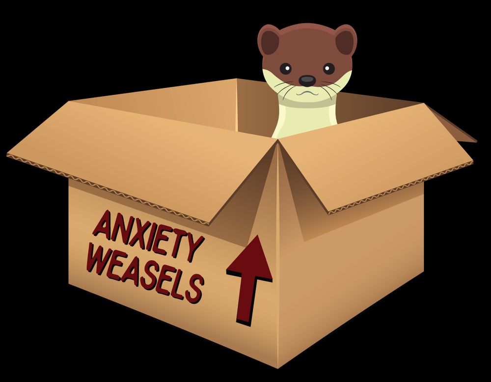 A sticker of an open cardboard box with a weasel poking its head out. On the side of the box reads "anxiety weasels" with an arrow pointing to the open side