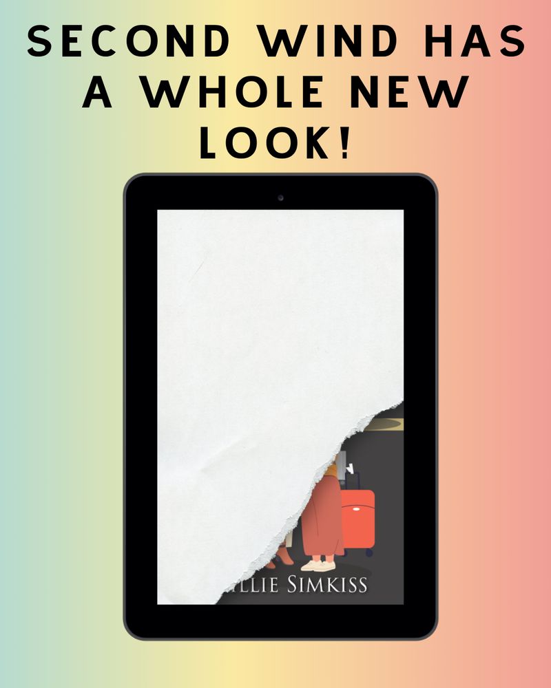 A rainbow gradient background with the cover of Second Wind on a tablet with paper tearing away from the screen