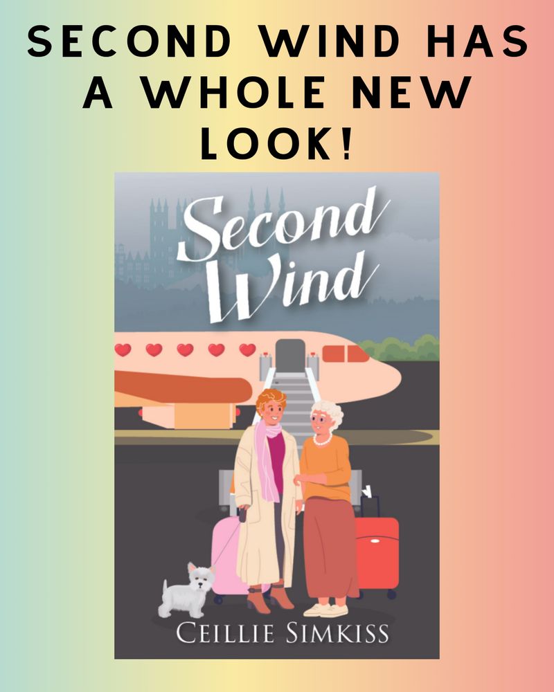 A rainbow gradient background with the cover of Second Wind on a tablet