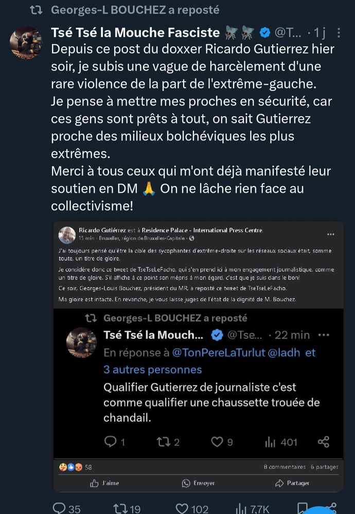 Option 2 (plus détaillée) : Capture d'écran de l'application Twitter affichant plusieurs tweets. Le tweet principal, de "Tsé Tsé la Mouche Fasciste", mentionne subir une vague de harcèlement de la part de l'extrême-gauche suite à un "doxxer" de Ricardo Gutierrez. Le tweet suivant est une réponse de "Tsé Tsé la Mouche Fasciste" à d'autres utilisateurs, comparant Ricardo Gutierrez à une "chaussette trouée". Un troisième tweet visible est de Ricardo Gutierrez lui-même, mentionnant l'engagement "journalistique" de Georges-L BOUCHEZ et son propre "doxxer".