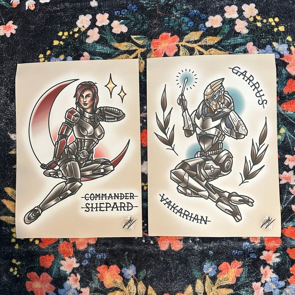 Artwork of Commander Shepard and Garrus Vakarian from the Mass Effect series in a traditional tattoo pin-up style 