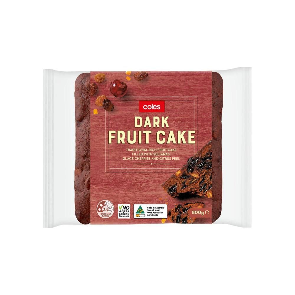 Product image of Coles dark fruit cake. A square slab of rich fruity goodness in a cellophane wrapper.