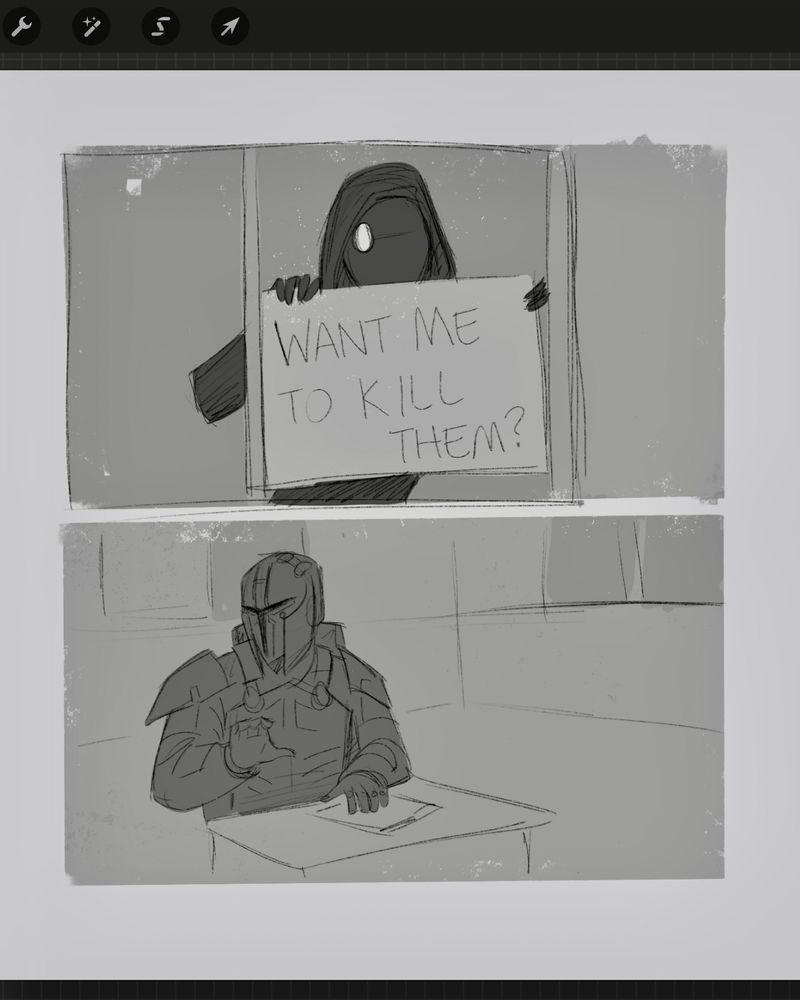 A quick redrawing of a scene where a woman outside holds up a sign to the window that says: "Want me to kill them?" Inside, an armored mandalorian gives her a silent signal to please don't.