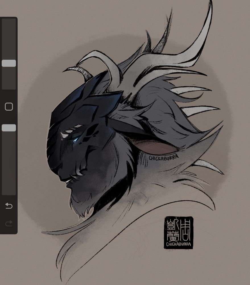 A sketch of a dark colored bovine-draconic humanoid from the shoulders up