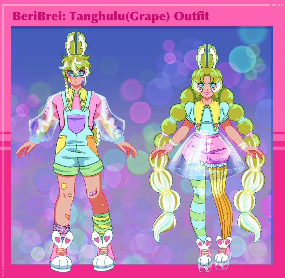 Img of masc!beri on the left and fem!Beri on the right in rainbow pastel attire 