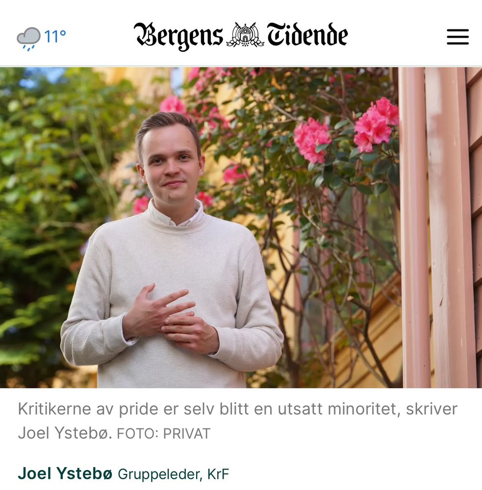 Faksimile fra Bergens Tidene med foto av KRF-politker Joel Ystebø med teksten: «Kritikerne av pride er selv blitt en utsatt minoritet, skriver Joel Ystebø.»