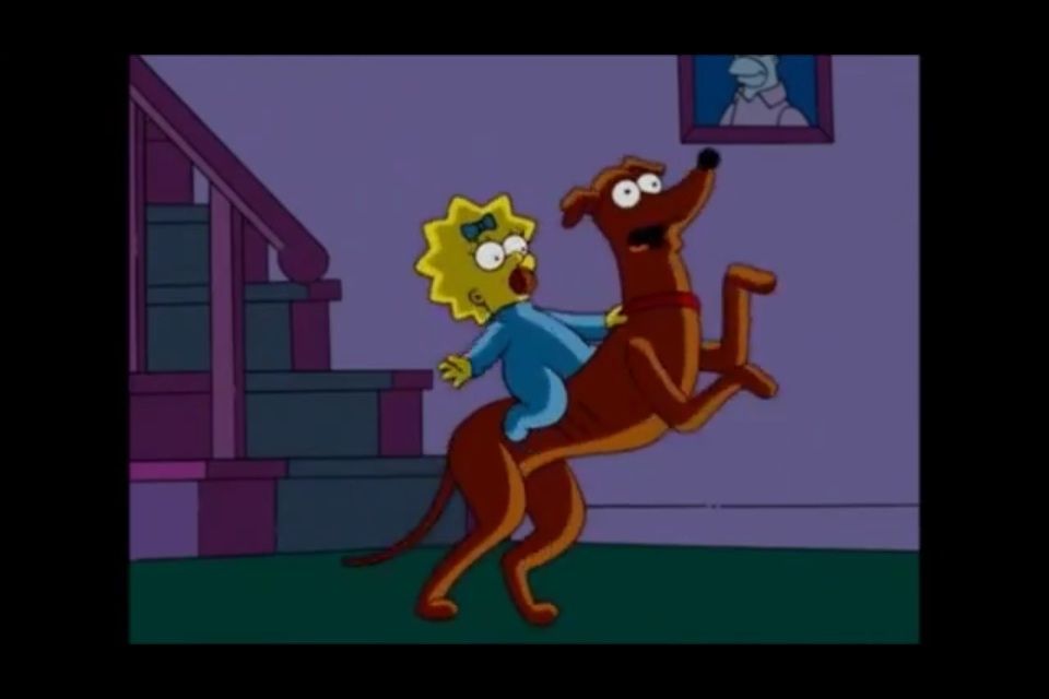 maggie riding santa's little helper like a horse, from s19e3 "Midnight Towboy"