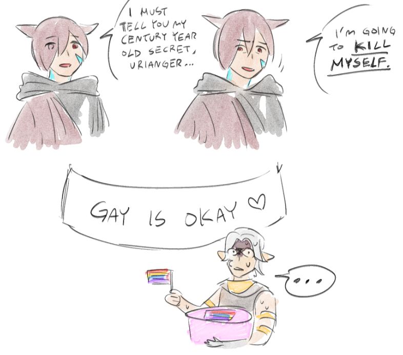 crystal exarch: i must tell you my century year old secret, urianger. I'm going to kill myself.

urianger: ... (holding up a pride cake with a 'gay is okay' banner at the back)