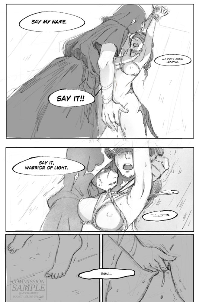 Commissioned comic page of a scene from the fanfic Stars Hide Your Fires by Papernautilus

Exarch: Say my name.
Wol: I..I don't know, Exarch...
Exarch: Say it! Say it, Warrior of Light.
Wol: ...Raha...