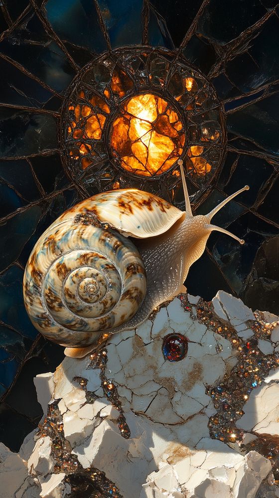 a close-up of a glossy terrestrial snail crawling across fractured marble and obsidian glass, behind it a stained-glass rosette window glows with warm amber backlight, intricate lead cames weave spidery halos around the shell’s spiral, iridescent crystal veins and embedded ruby cabochons glint from cracked stone surfaces, rendered in hyper-detailed photorealism with a painterly finish, depth of field emulates late 1980s macro photography with high-aperture sharpness on shell ridges and luminous falloff in background, reminiscent of Kodachrome film with deep shadow saturation and rich amber-gold tonal range