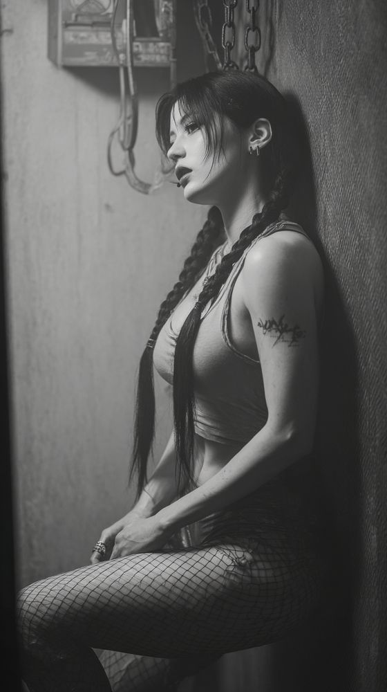 Moody monochrome portrait of a woman with twin braids leaning against a textured wall in a narrow industrial corridor, chains and an old utility box hanging above; 85mm prime at f/1.8, ISO 400, 1/200s, vertical 9:16; side key from high camera-left with soft spill along cheekbone and collarbone, faint back haze catching cigarette smoke; matte makeup with dark lips, hoop earrings and small studs, slim tank, fishnet tights, rings and bracelet; shallow depth of field isolating face, forearm, and lattice pattern while background melts to charcoal bokeh; microcontrast tuned for skin grain, fabric stretch, and worn metal; silver-toned grade with gentle highlight rolloff, subtle vignette, steady contemplative pose.