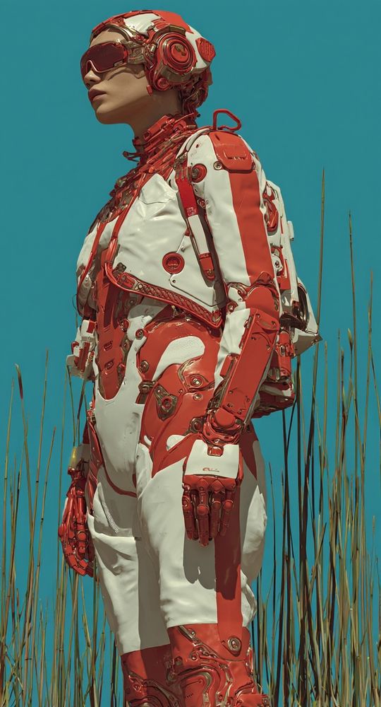 standing figure in a segmented red and white exosuit, surface sheen suggests enameled composites and articulated polymer plates, reinforced joints and hydraulic channels run visibly along limbs, chromed accents and labeled ports indicate modular tech layers, mirrored visor obscures identity, cable attachments anchor across collar and back harness, set against cerulean sky and tall reeds swaying in static tension, shallow depth of field with mild frontal perspective compression, captured with a 50mm lens equivalent, aperture f/2.2 for soft falloff, color-graded for high contrast futurism with retro-gloss texturing