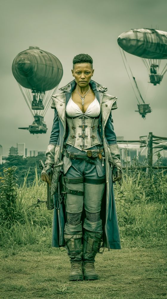 a steampunk warrior stands in a field of tall grass, armored in layered leather, steel, and canvas, white corset with brass buckles over a deep blue longcoat, tactical gloves and rugged boots weathered from use, short cropped hair and piercing gaze, dog tags glinting in overcast daylight, behind her a fleet of dirigibles and sky galleons floats above a faded industrial skyline, composition in 50mm full-frame depth with subdued green duotone palette, high dynamic range to capture every rivet and shadow.
