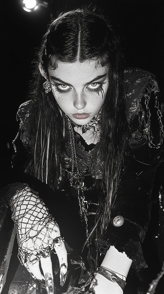 close-up of a gothic woman crouched under harsh spotlight, fishnet gloves tangled with chain jewelry, chipped black lacquered nails clawing toward the frame, dark wet hair slicked against pale skin, makeup smeared into deliberate ritualistic streaks, baroque earrings and torn velvet sleeves catching glints of light, shot in high-contrast monochrome with sharp grain and exaggerated shadows, flash-heavy 35mm aesthetic, brutalist background barely implied, focus centered on her fierce gaze and sculptural hands.