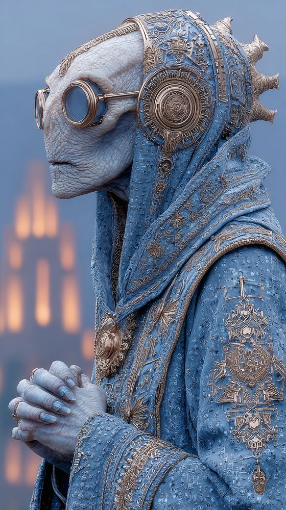 tall four-eyed alien priest wearing layered lapis and gold ceremonial robes, intricate embroidery and metallic adornments, hands clasped in contemplation, surreal city skyline bokeh in background, 85mm lens, f/2.2, soft dusk lighting with cool tones