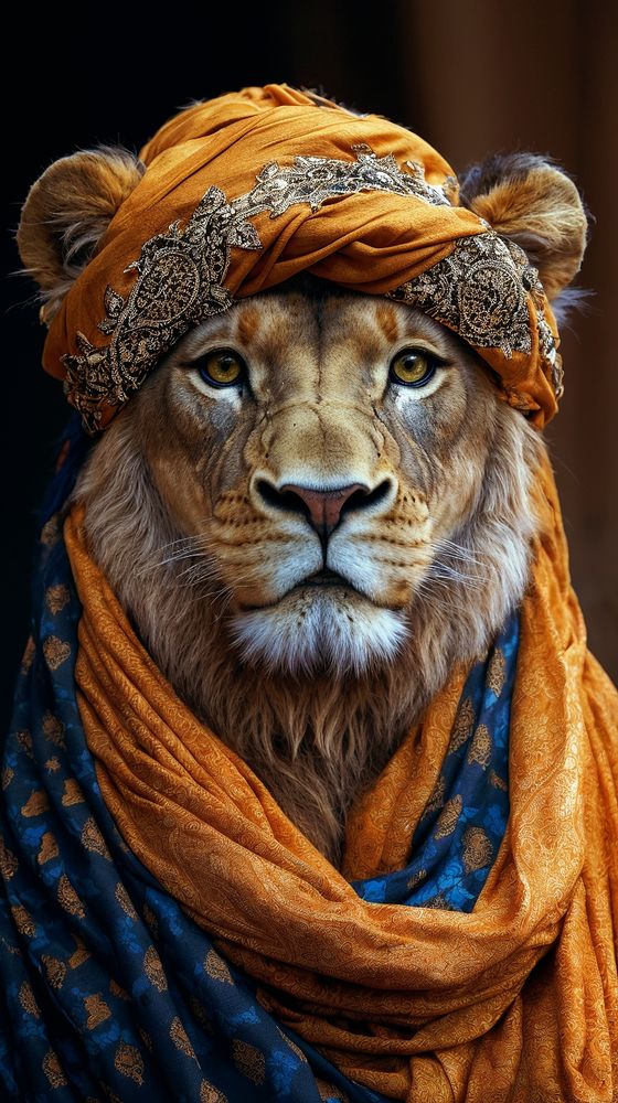 noble lion adorned with an intricate golden turban and deep blue patterned shawl, richly detailed textiles with fine embroidery, focused front-facing portrait, dark neutral background to emphasize subject, 85mm lens, f/2.5, ISO 100, soft directional lighting, painterly realism