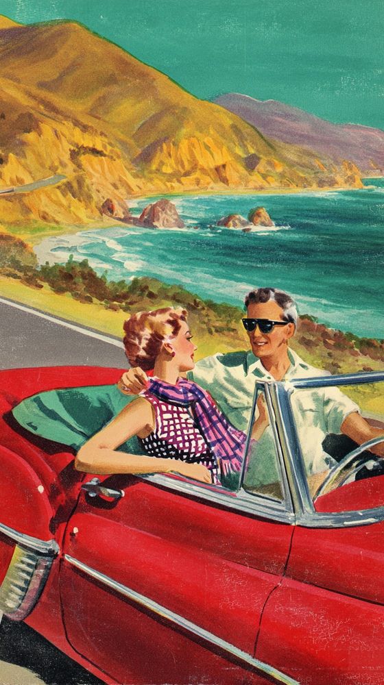 Sunny 1950s summer scene in hand-painted magazine illustration style, depicting a stylish couple driving a vibrant red convertible along a winding coastal highway. The man wears dark sunglasses and a crisp short-sleeved shirt, arm resting casually around the woman, who is dressed in a sleeveless patterned blouse with a pink-and-purple plaid scarf fluttering in the breeze. Behind them, the golden cliffs drop dramatically into turquoise ocean waters, with white foam breaking against rocky outcrops. The sky is a vivid teal, enhancing the rich, saturated colors of the sunlit California coast.