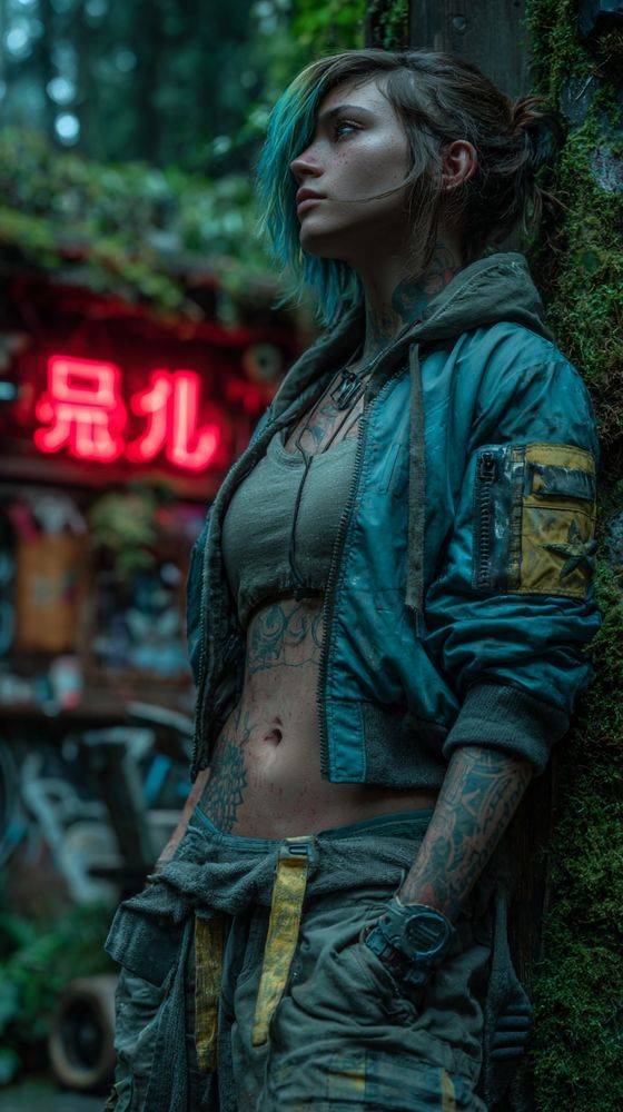 a freckled tomboy stands beneath moss-veiled ruins, her cyan-streaked undercut catching the spill of neon kanji behind her, dirt-scuffed cargo pants slouched low on her hips, stomach tattooed and exposed under a cropped tank, tactical bomber jacket weathered and patched, gaze fixed in profile, jaw set with feral stillness, overgrown foliage coiling through rusted tech in the background, low-angle shot, dusk light bleeding into cyan, cinematic bokeh, 35mm lens, f/1.4 aperture, tungsten-balanced color grade, shallow depth of field, mood of dense humidity and resilient defiance