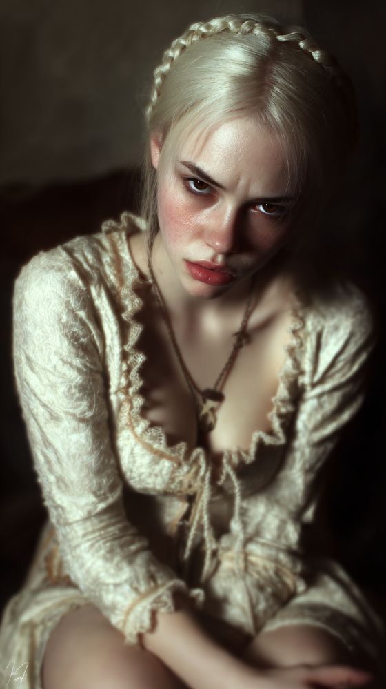 Waist-up portrait of a pale-haired woman with a braided crown, seated and leaning forward under a slight top-down camera angle; 85mm prime at f/1.8, ISO 200, 1/200s, vertical 9:16; warm candlelike key from camera-left with soft falloff shaping cheekbones and collarbones, faint bounce fill at -2 stops; cream lace dress with scalloped edges and front ties, textured weave crisply rendered; talisman pendant at sternum; flushed cheeks with fine freckles, natural skin sheen; focus plane locked on eyes with shallow depth rolling off to neckline and sleeves, background a dark stucco blur; microcontrast tuned for lace threads, hair flyaways, and lip texture; subtle vignette, balanced whites, poised gaze under brows.