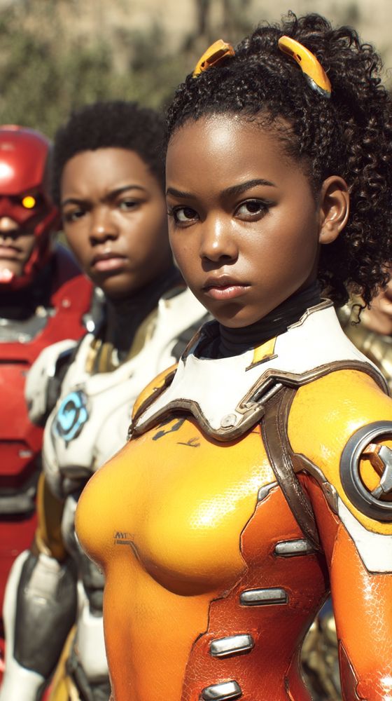 Three-quarter portrait of a young woman in a citrus-orange composite exosuit with white neck plates and metal latches, centered foreground with eyes tack sharp; 85mm prime at f/2.2, ISO 100, 1/2000s, vertical 9:16; direct midday sun as key producing tight specular highlights on pebbled polymer and clean catchlights; slight warm ground bounce filling shadows; two suited figures receding behind in shallow depth, creamy background bokeh with hints of foliage; microcontrast tuned for skin pores, curled hair texture, gasket edges, fasteners, and seam stitching; color palette of orange, white, and brushed metal with natural skin tones; focus plane locked on irises and collar hardware, balanced exposure, subtle vignette, confident frontal stance.