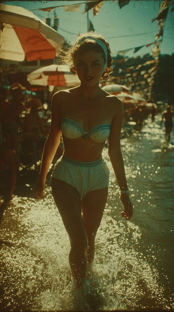 ultra high-quality early 1960s medium format photograph, captured on a Hasselblad 500C with 150mm f/4 Zeiss Sonnar lens using Kodak Ektachrome E3 transparency film, a sunlit beach scene with a confident young woman in a 1961 two-piece bathing suit with high-waisted bottoms and structured bandeau top, crisp white with nautical navy trim, walking barefoot along the wet sand at low tide, gentle Atlantic surf lapping at her ankles, her hair in a softly windswept bouffant held by a thin white headband, golden late afternoon light from camera left casting warm highlights across her skin and creating sharp, elongated shadows in the textured sand, background revealing scattered beach umbrellas in muted pastels, glimmering water with specular highlights characteristic of Ektachrome’s rich cyan and silver-blue reproduction, fine-grained detail rendering every droplet on her legs, slight vignetting at the frame edges enhancing focus, colors balanced to mid-century magazine photography standards