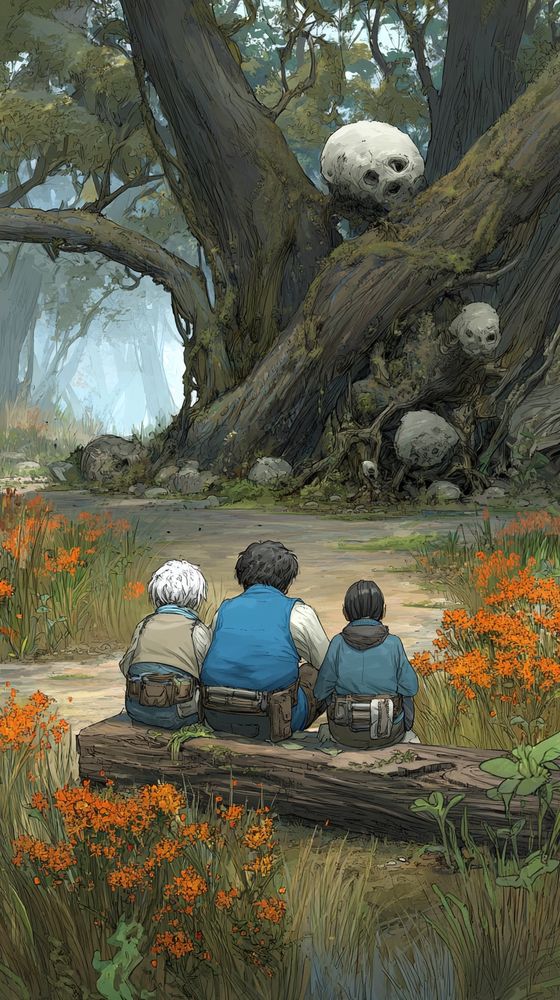 three explorers seated on a fallen log at the forest edge, their gear worn and personalized, backs to the viewer as they observe an ancient tree embedded with spherical, skull-like growths nestled in its gnarled roots and branches, atmosphere misted and cool under a filtered canopy, orange wildflowers framing the foreground, illustrated in painterly graphic novel style with dense linework and subdued color grading, composition structured with leading lines from branches and path, ambient light diffuse and green-tinted, evoking bioengineered overgrowth and residual sentience.