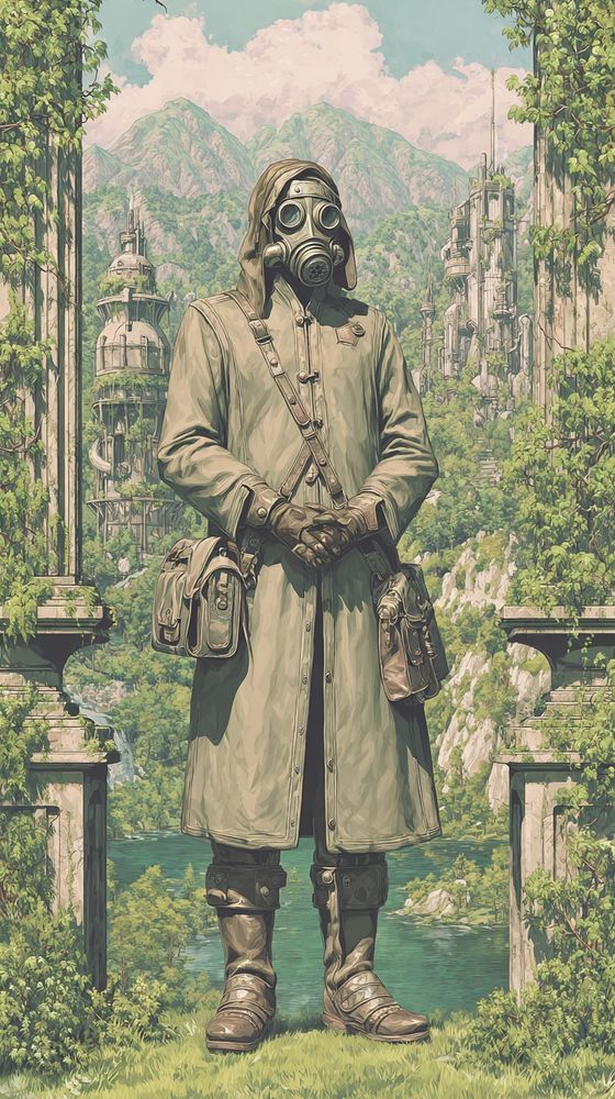 a solitary figure in a long trench coat and military boots stands solemnly on a grassy stone terrace, gas mask obscuring their face, pouches and cross-strapped bags arranged with field precision, behind them a panoramic overgrowth of once-gleaming towers now threaded with vines and moss, mountain ridges rising beyond under soft midday light, cyan sky punctuated with cumulus clouds, palette of sage, bone, and oxidized silver, painterly render with intricate hatching, structured with central vertical symmetry and layered horizon lines suggesting long-faded grandeur reclaimed by thriving biota.