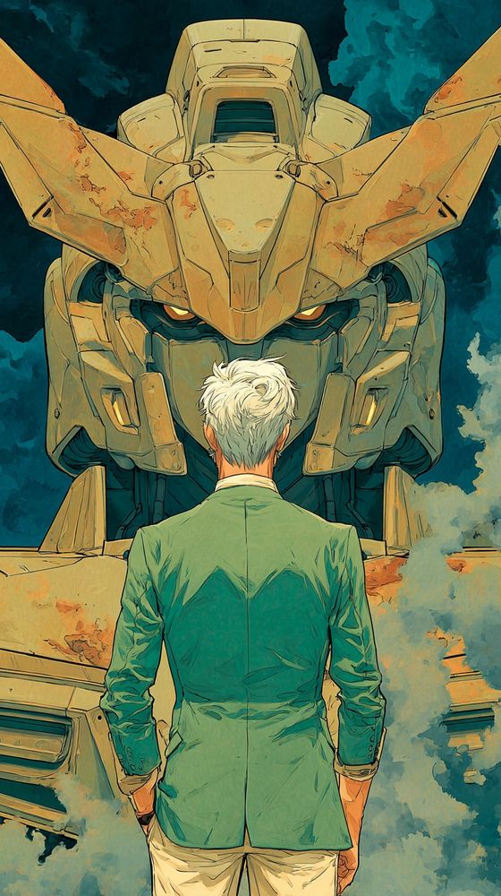 silver-haired man in a tailored green blazer seen from behind, standing before a towering weathered mecha with oxidized yellow armor and angular helmet, thick smoke curling at the base, cinematic composition with central vanishing depth, anime-inspired linework with painterly shadows, overcast lighting with cool ambient tones and orange backglow from mech eyes, high-detail rendering with visible surface scuffs and panel seams, moody and dramatic atmosphere.