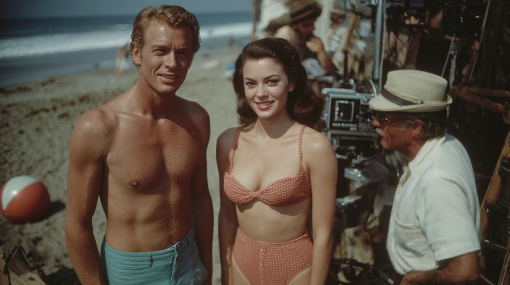 ultra high-resolution wide composition, early 1960s Southern California beach movie production, photographed on a Hasselblad 500EL with 50mm f/4 Distagon lens using Kodak Ektachrome E3 transparency film, studio publicity still style, shot perpendicular to the scene so the composition is cleanly divided, left side occupied by two lead actors, a tall clean-cut male in turquoise swim trunks and a fit brunette female in a period-accurate coral two-piece bikini with high-waisted bottoms, both framed in mid-rehearsal stance on sunlit sand, occasional props like a striped beach ball and folding director’s screen behind them, right side showing the compact production crew, director in a white short-sleeve shirt and straw fedora seated in a wooden director’s chair with his name stenciled on the back, Panavision 35mm camera mounted on a small wheeled dolly aimed toward the actors, cameraman peering through the viewfinder, sound operator with a period RCA ribbon microphone suspended on a boom pole angled toward the talent, two production assistants managing cables and holding a large silver reflector angled toward the actors, warm late-afternoon sunlight from frame left casting long shadows across the sand, gentle ocean waves and a low dune ridge in the far background, vivid Ektachrome color palette with turquoise sky, warm skin tones, high microcontrast, and fine period-correct film grain