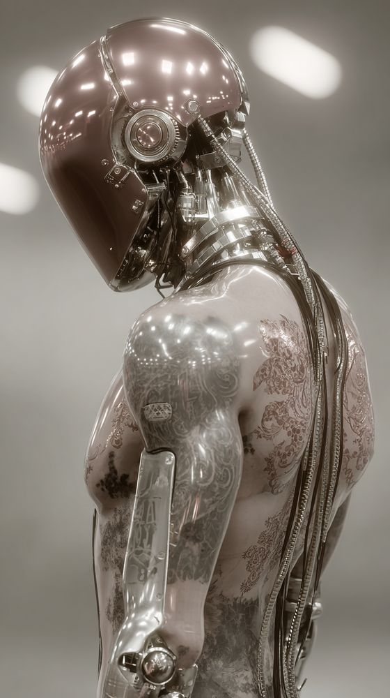 A humanoid android stands in profile, its plated surface a fusion of lustrous chrome and vintage toile patterns, ornate floral motifs printed beneath a layer of high-gloss lacquer. Delicate copper-gold seams run across its joints and visor edge, catching ambient light with subtle flare. The setting is undefined, a neutral studio haze that isolates the figure and highlights texture. Shallow depth of field separates the foreground torso from background blur. Large-format digital capture, keylit with soft diffusion panels above and side, yielding elegant highlight rolloff. Color palette is anchored in pearlescent rose, bone white, and copper alloy, calm, reserved, yet opulent.