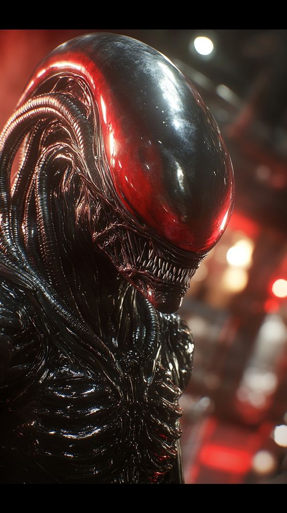 A terrifying xenomorph creature stalking forward in a corridor bathed in deep red light, biomechanical textures glistening with slime, cinematic horror framing, ultra-realistic detailing, extreme close-up, shiny exoskeleton, fog and steam filling the environment, horror movie lighting, shallow depth of field, lens flare highlights on black metal surface, hyperrealism