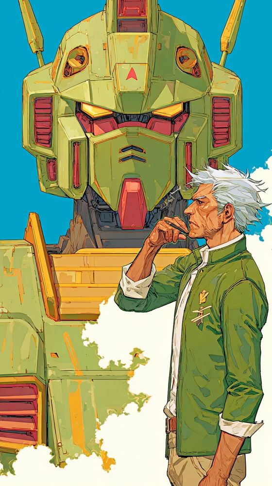 close-up profile of a silver-haired man in a military-inspired green coat, deep in thought, standing before a towering weathered olive-green mecha with red visor accents, stylized like a retro anime illustration from the 1980s, crisp cel shading and bold ink outlines under bright midday sky, cinematic cropping emphasizes contrast between human scale and mechanical enormity, expressive linework capturing stoic resolve, nostalgia-laden palette with warm highlights and flat pastel shadows, evokes legacy and command through posture and gaze.