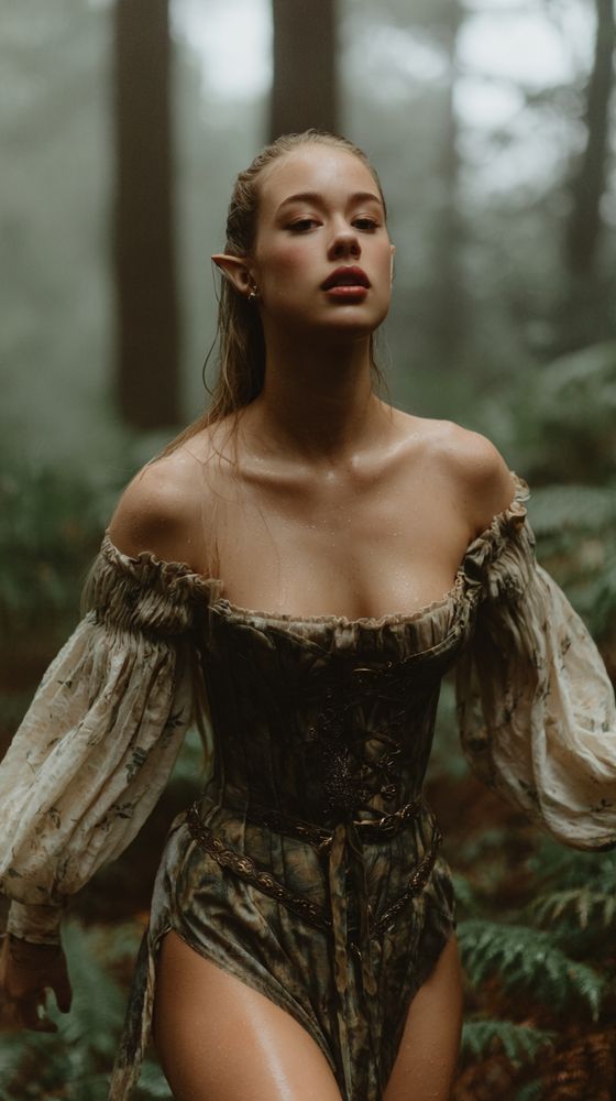 Unposed three-quarter capture of an adult elf woman moving through a misted conifer forest, wet strands of hair at her temples, dew beading across collarbones and the lace edge of a moss-toned corset with billowed linen sleeves; ferns crowd the lower frame, tall trunks dissolve to creamy bokeh. Early fog diffuses a cool backlight from high rear left, with open-shade fill on the face; shot on an 85mm lens at f/2.2, 1/500s, ISO 400, focus set on the near eye and clavicle line for shallow depth and gentle roll-off. Neutral-cool white balance, restrained contrast, realistic fabric grain, leather ties, and skin sheen; center-weighted vertical composition with a slight upward angle, hands and hem carrying faint motion softness, atmosphere softening the mid-ground and deepening separation.
