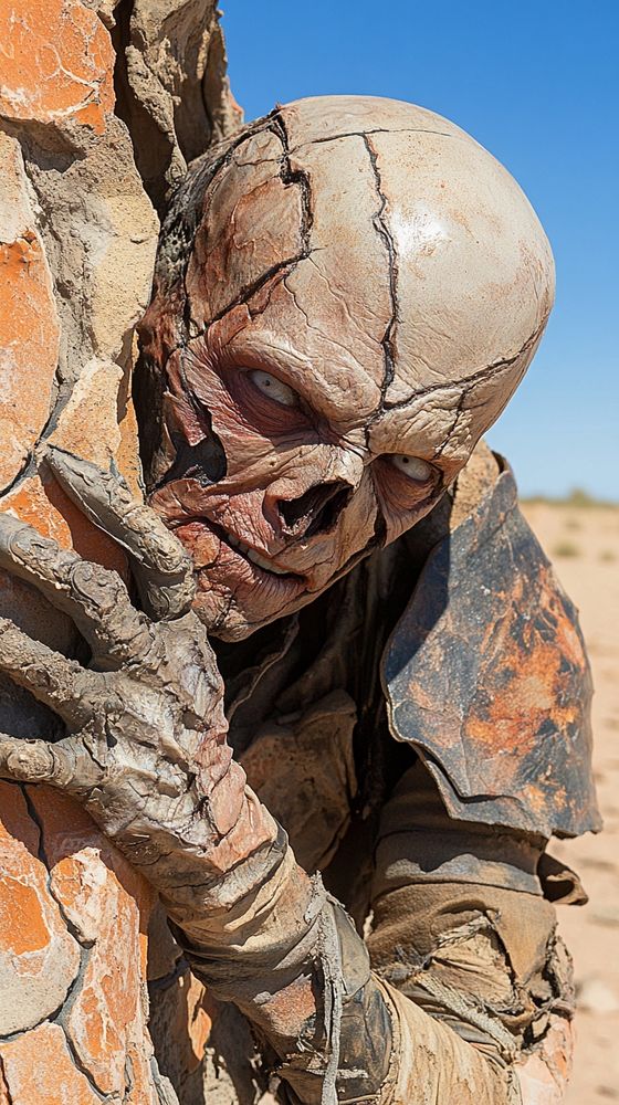 a humanoid mutant pressed against a jagged clay wall, face sunken and peeling like dried earth, with pale blistered skin stretched across bone and veins, fissures slicing through the skullplate, eyes opaque and predatory, one nostril hollowed out, ceramic helmet fused into scalp, claw-like fingers wrapped around the masonry, armor patched with brittle leather and oxidized metal, sun-drenched textures and desert grime dominate, background is harsh daylight sky and cracked scrubland, image captured close with a shallow depth of field, midday shadows scarring the contours, matte and high-contrast finish.