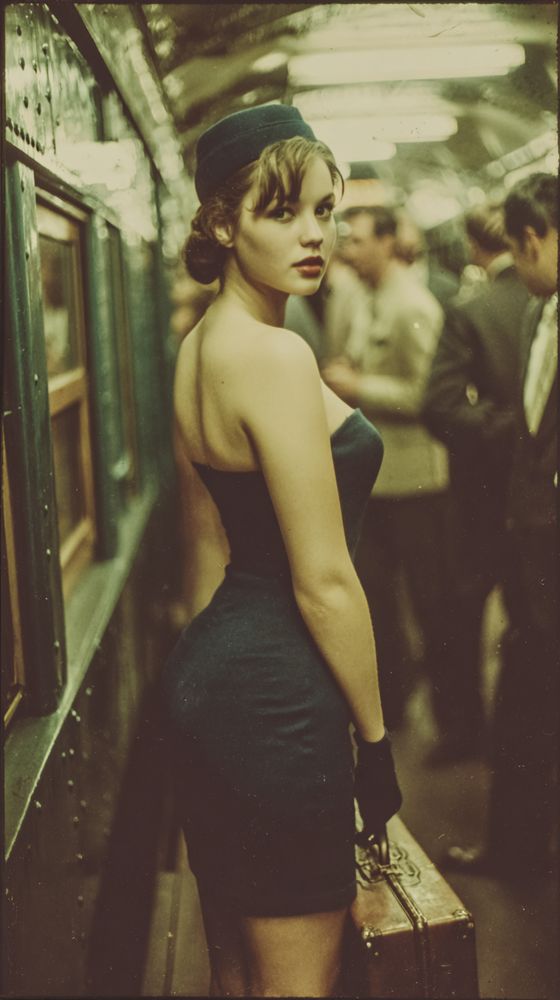 ultra high-quality early 1960s medium format photograph, captured on a Hasselblad 500C with an 80mm f/2.8 Zeiss Planar lens using Kodak Ektachrome E3 transparency film, a confident plus-size woman in a curve-hugging midnight-blue wool sheath dress with a matching pillbox hat and elbow-length gloves, standing on a polished marble train platform moments before boarding, bending slightly to lift a small leather suitcase while glancing over her shoulder with a poised, knowing smile, background bustling with blurred commuters and gleaming chrome train cars under warm station lighting, soft highlights reflecting from polished brass fixtures, exquisite fine grain and perfect tonal separation characteristic of Ektachrome E3, shallow depth of field drawing focus to the subject with smooth bokeh in the architectural details, rendered with precise period-correct color balance and contrast